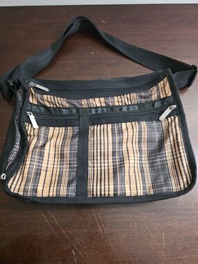 Le Sportsac Black and Tan Plaid Crossbody Bag